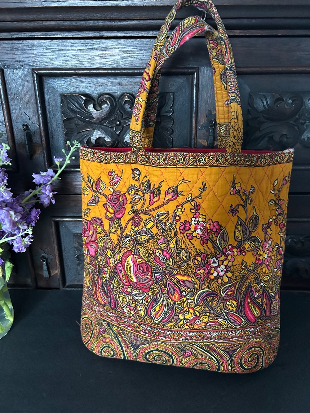 Vintage Valdrome Quilted Floral Tote Bag in Mustard Yellow